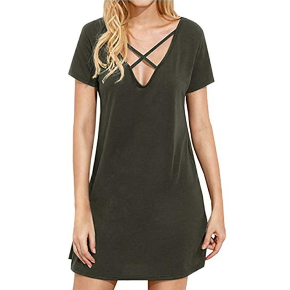 NWT Olive Tshirt Dress with Crisscross Neck